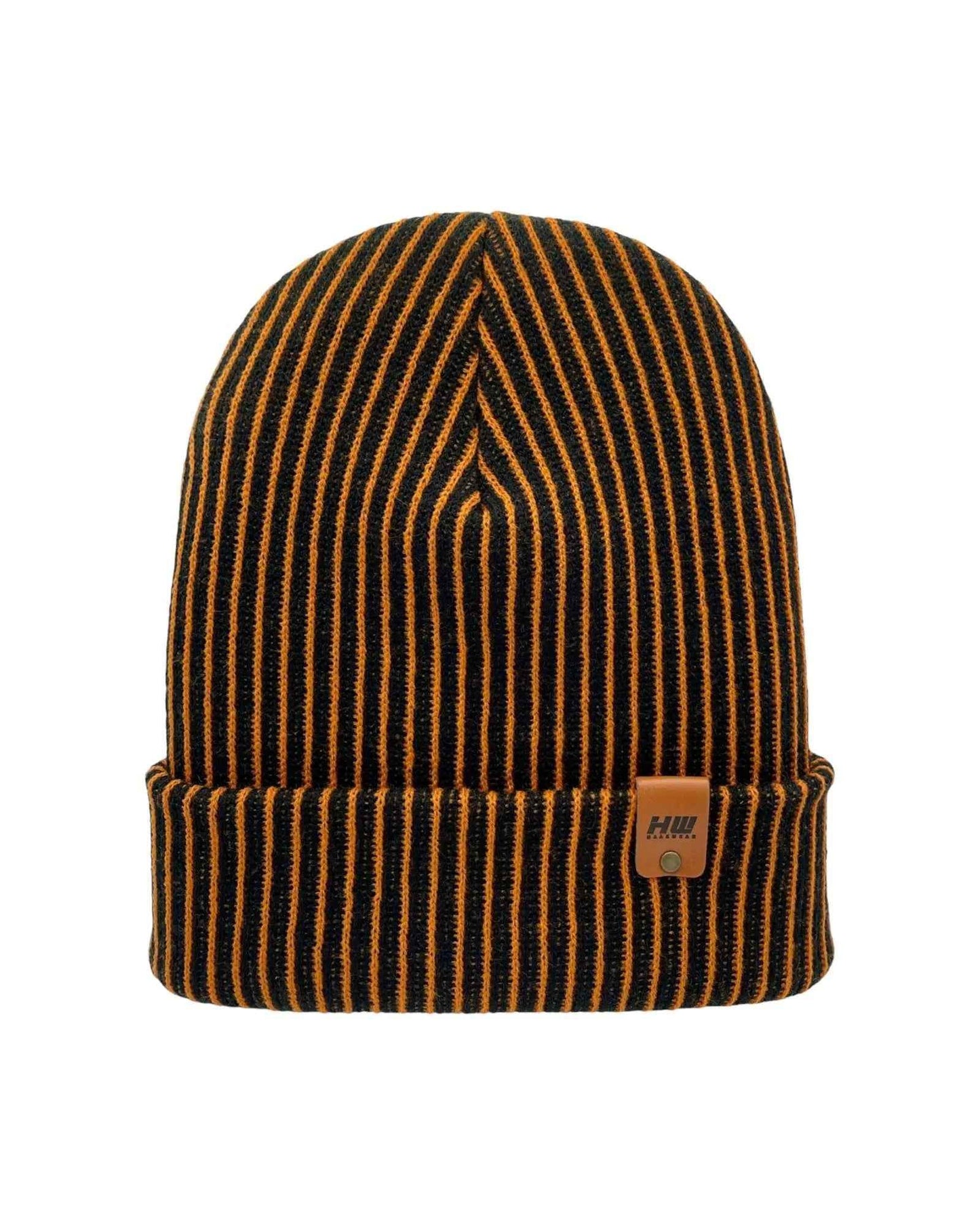 Cuffed Wide Ribbed Striped Beanie, Contrast, Black and Orange, Classic Beanie