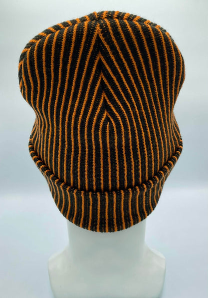 Cuffed Wide Ribbed Striped Beanie, Contrast, Black and Orange, Classic Beanie