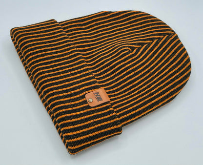 Cuffed Wide Ribbed Striped Beanie, Contrast, Black and Orange, Classic Beanie