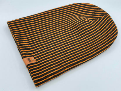 Cuffed Wide Ribbed Striped Beanie, Contrast, Black and Orange, Classic Beanie
