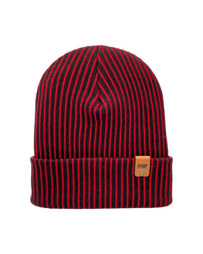 Cuffed Wide Ribbed Striped Beanie, Contrast, Black and Red, Classic Beanie