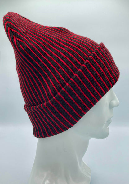 Cuffed Wide Ribbed Striped Beanie, Contrast, Black and Red, Classic Beanie