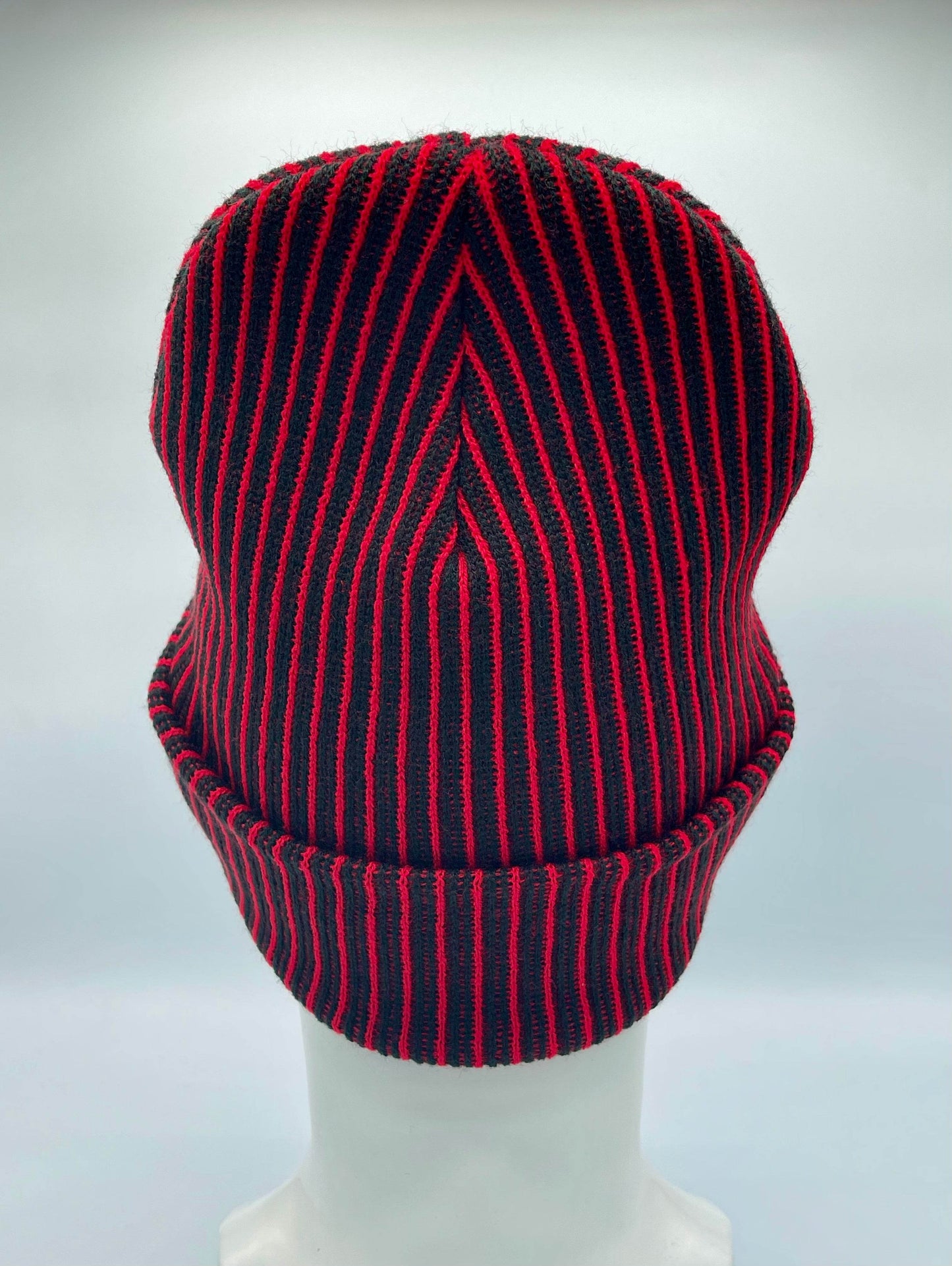 Cuffed Wide Ribbed Striped Beanie, Contrast, Black and Red, Classic Beanie