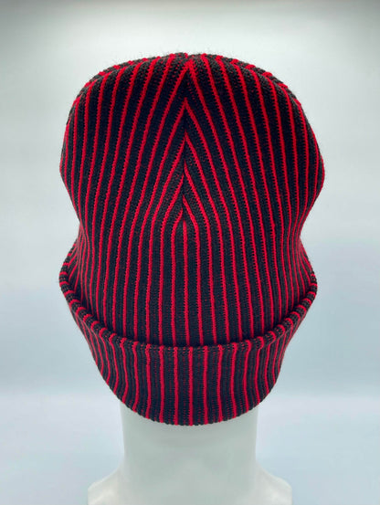 Cuffed Wide Ribbed Striped Beanie, Contrast, Black and Red, Classic Beanie