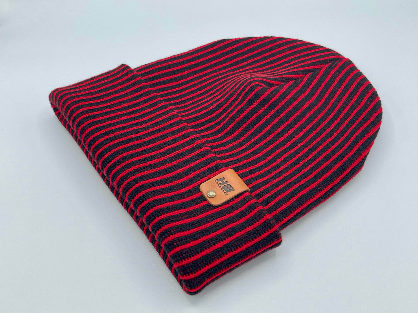 Cuffed Wide Ribbed Striped Beanie, Contrast, Black and Red, Classic Beanie