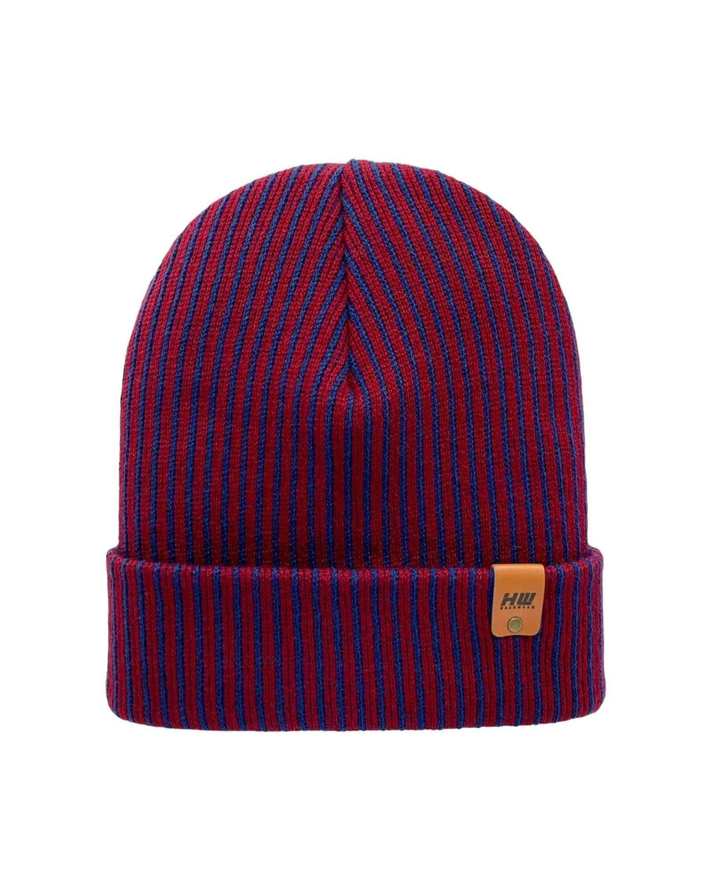 Cuffed Wide Ribbed Striped Beanie, Contrast, Blue and Maroon, Classic Beanie