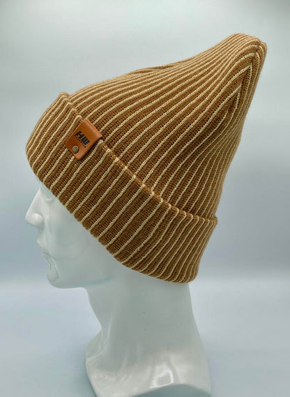 Cuffed Wide Ribbed Striped Beanie, Contrast, Beige and Brown, Classic Beanie