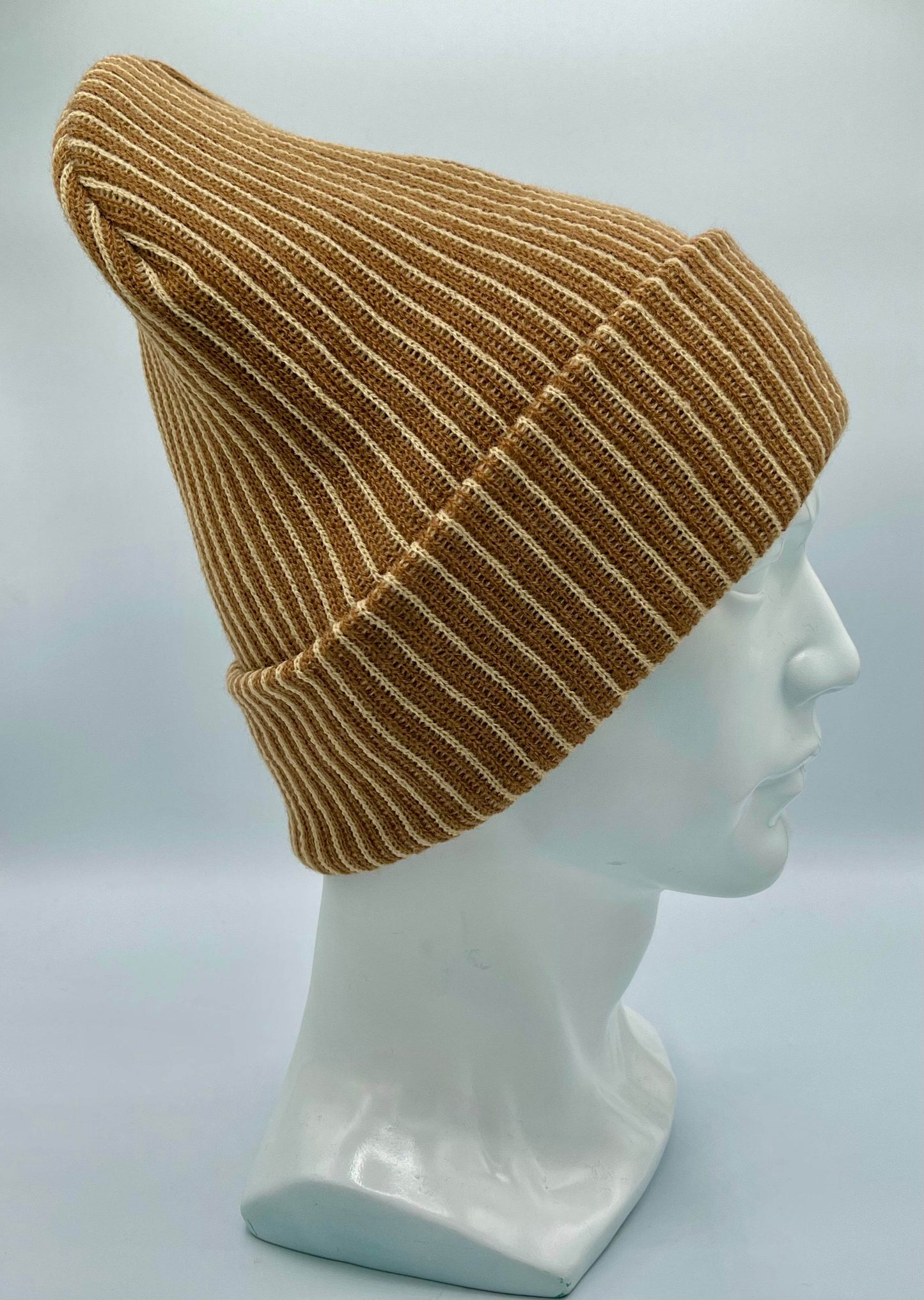 Cuffed Wide Ribbed Striped Beanie, Contrast, Beige and Brown, Classic Beanie