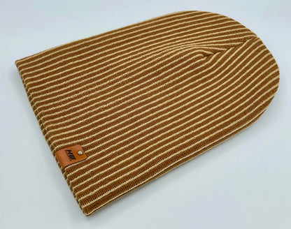 Cuffed Wide Ribbed Striped Beanie, Contrast, Beige and Brown, Classic Beanie
