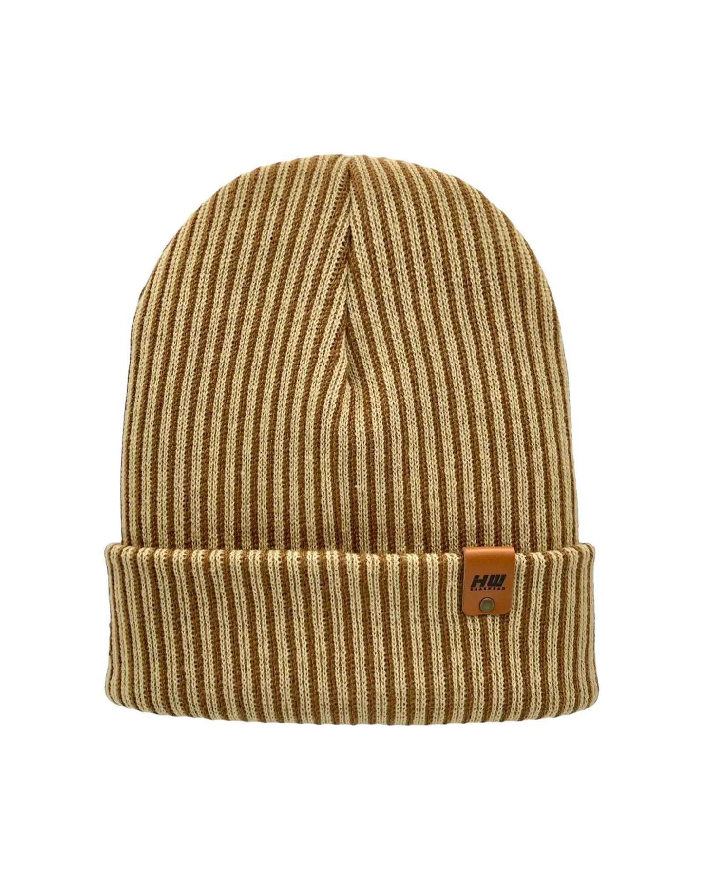 Cuffed Wide Ribbed Striped Beanie, Contrast, Brown and Beige, Classic Beanie