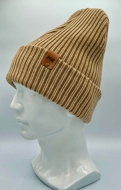 Cuffed Wide Ribbed Striped Beanie, Contrast, Brown and Beige, Classic Beanie