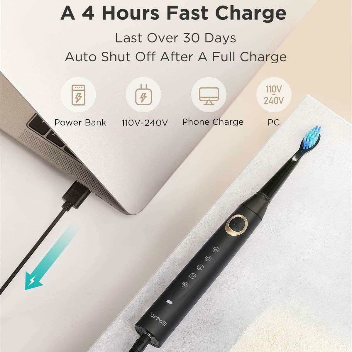 Fairywill Electric Toothbrushes for Adults Kids 5 Modes Smart Timer Rechargeable Whitening Sonic Toothbrush with 10 Brush Heads