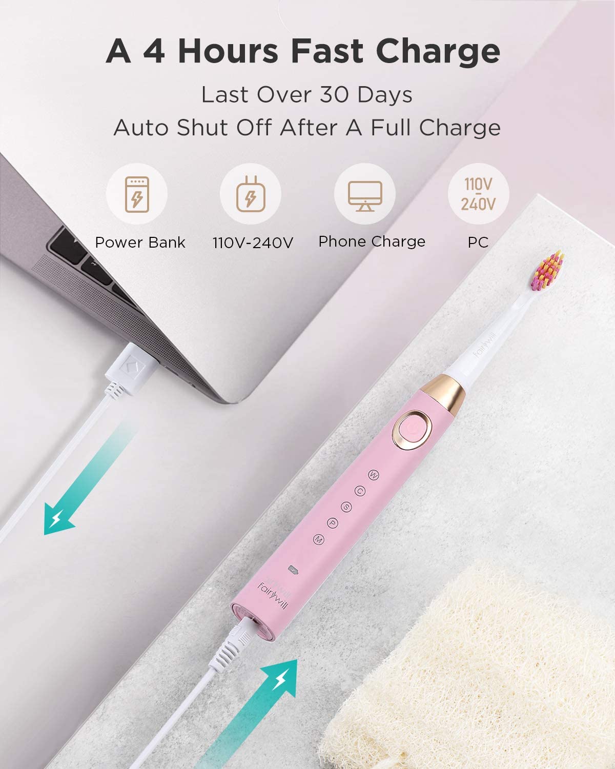 Fairywill Electric Toothbrushes for Adults Kids 5 Modes Smart Timer Rechargeable Whitening Sonic Toothbrush with 10 Brush Heads