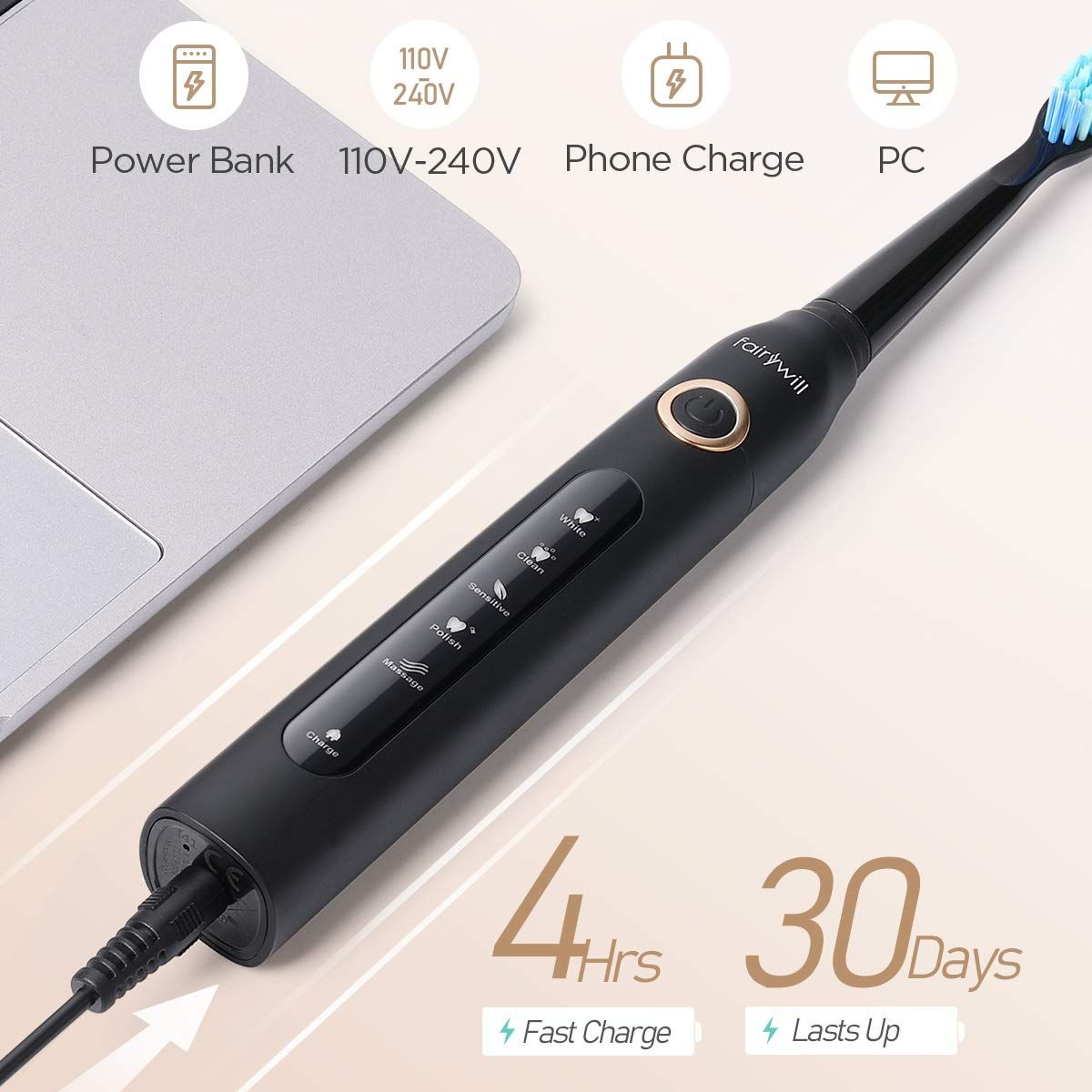 D7 Sonic Electric Toothbrushes with 5 Modes, Smart Timer, Rechargeable, and 8 Super Whitening Toothbrush Heads for Adults and Kids