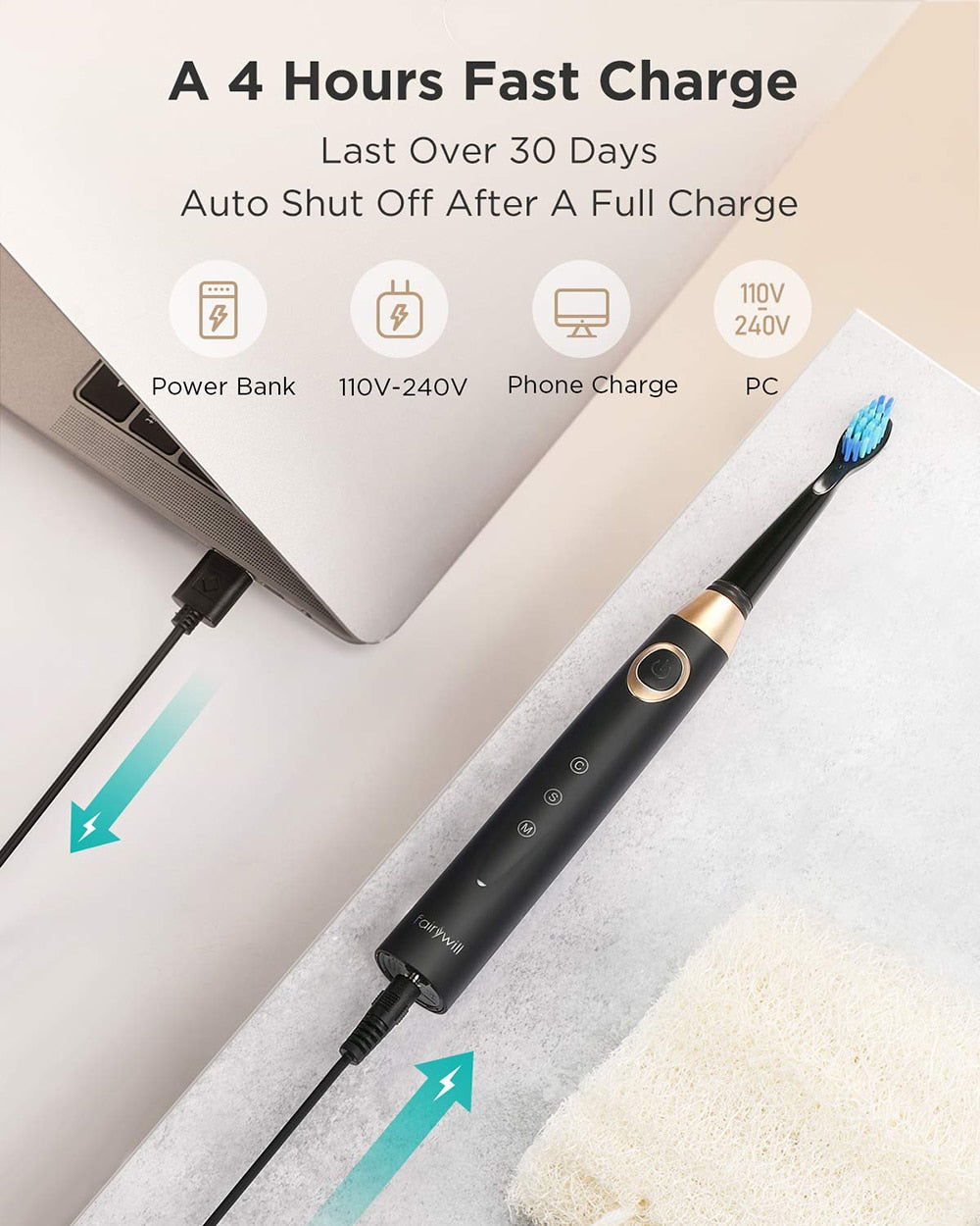 Fairywill FW-508 Sonic Electric Toothbrush Rechargeable Timer Brush 5 Modes Fast Charge Tooth Brush 8 Brush Heads for Adults