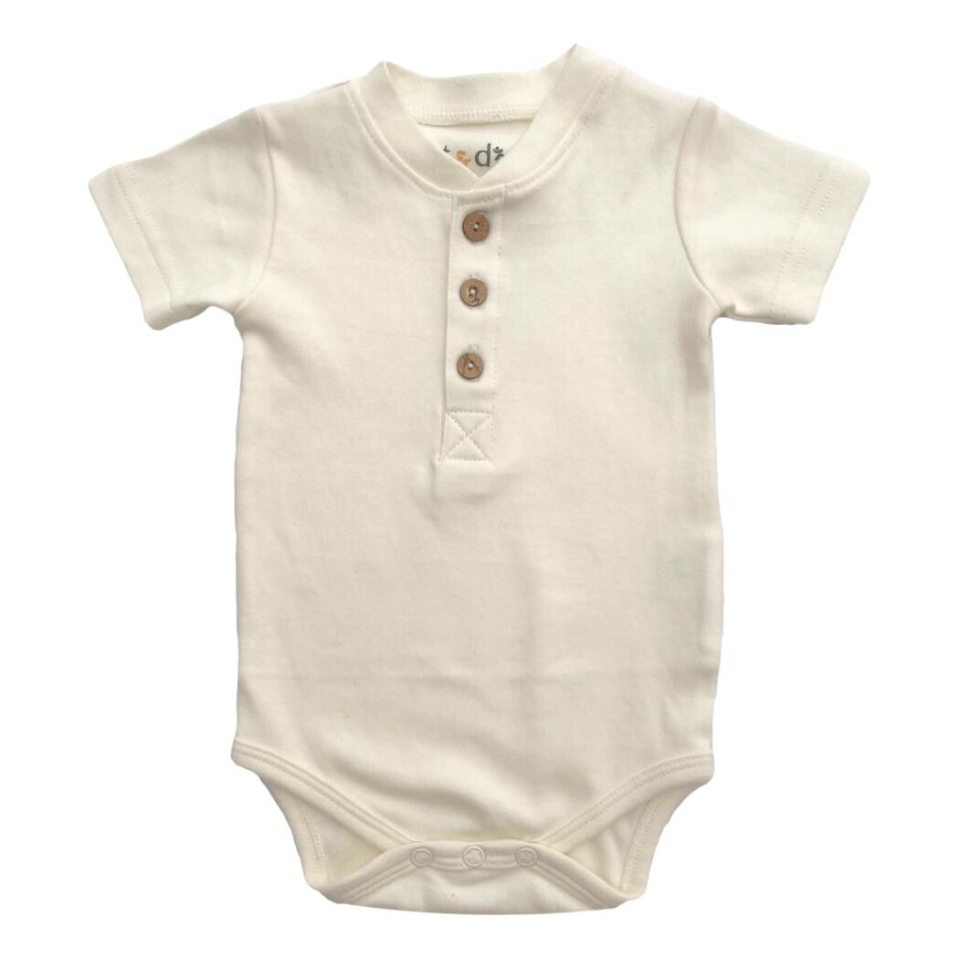 GOTS Certified Natural Henley Short Sleeve Bodysuit + Coconut Buttons