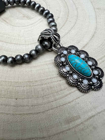 Western Faux Pearl and Concho with Faux Turquoise Stretch Bracelet - 6 inch