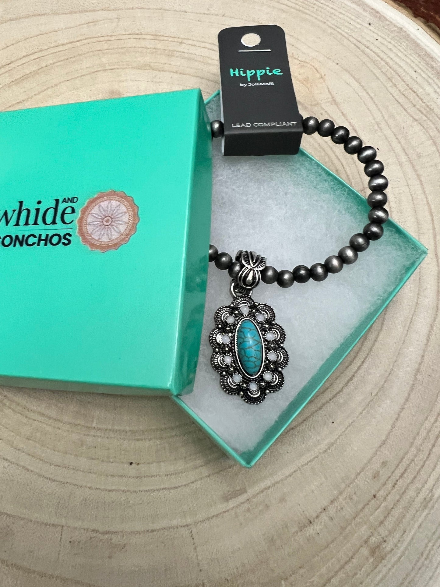 Western Faux Pearl and Concho with Faux Turquoise Stretch Bracelet - 6 inch