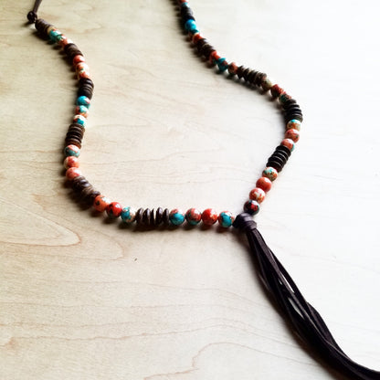 **Multi-Colored Turquoise Necklace with Wood Beads & Leather Tassel 236B