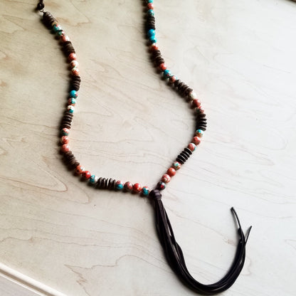 **Multi-Colored Turquoise Necklace with Wood Beads & Leather Tassel 236B