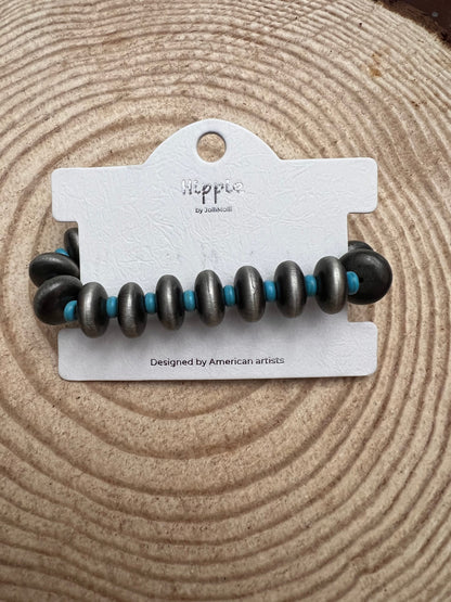 Western Faux Saucer Pearl Stretch Bracelet with Faux Turquoise - 6 1/2 inch