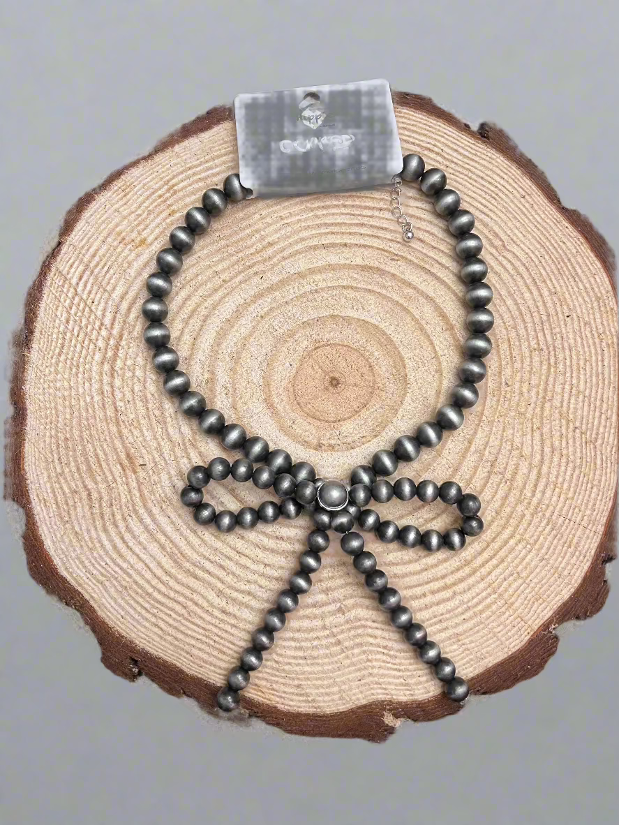 Faux Bow Necklace with Large Faux Pearls - 16 inch