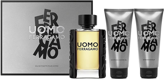Salvatore Ferragamo UOMO GIFTSET includes ( 3.4 oz EDT spray + 3.4 oz shampoo & showergel + 3.4 oz aftershave balm) for Men