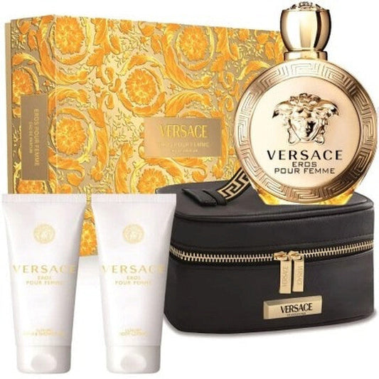 VERSACE Eros pour Femme (3.4 Fl. Oz. Eau De Parfum Spray, 3.4 Fl. Oz. Luxury Body Lotion, 3.4 Fl. Oz. Luxury Bath & Shower Gel, Versace Small Beauty Case)