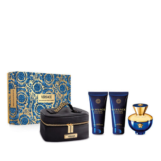 VERSACE Dylan Blue Gift Set Includes : Versace Dylan Blue Femme EDP 3.4 oz (100 ml) + Body Lotion 3.4 oz (100 ml) + Shower Gel 3.4 oz (100 ml) + Cosmetic Case for Women