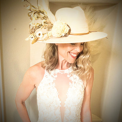 Boho Western Wedding Floral & Feather Bridal Hat in Tan 984k