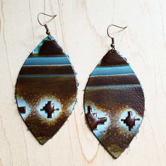 **Leather Oval Earrings Blue Navajo 224a