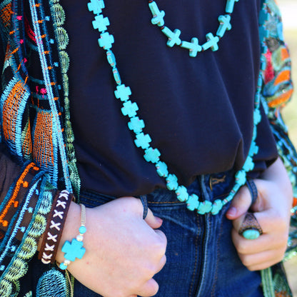 **Long Turquoise Beaded Cross Necklace 258L