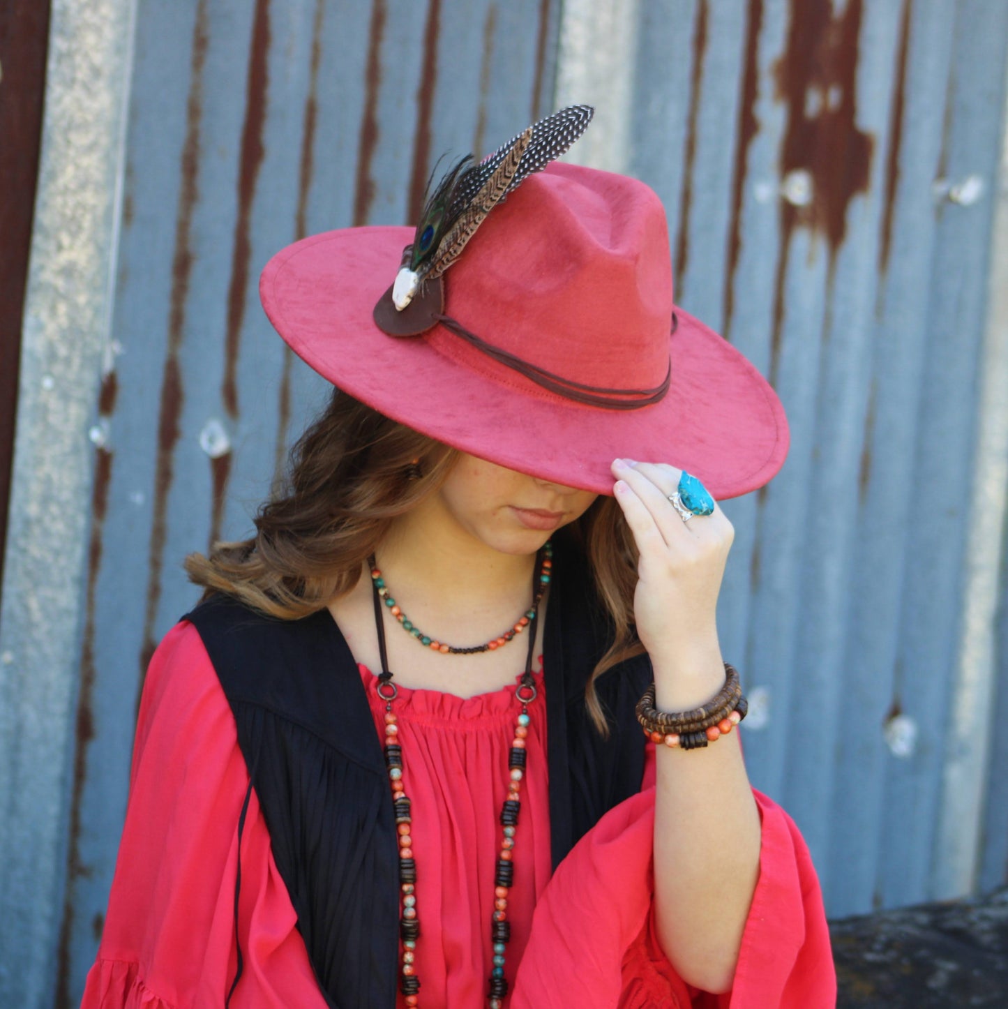 **Multi-Colored Turquoise Necklace with Wood Beads & Leather Tassel 236B