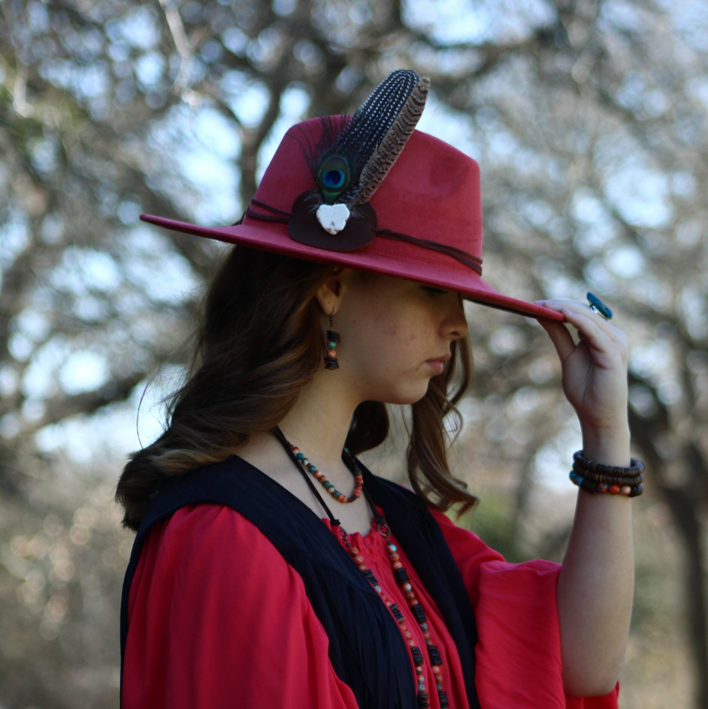 **Multi-Colored Turquoise Necklace with Wood Beads & Leather Tassel 236B