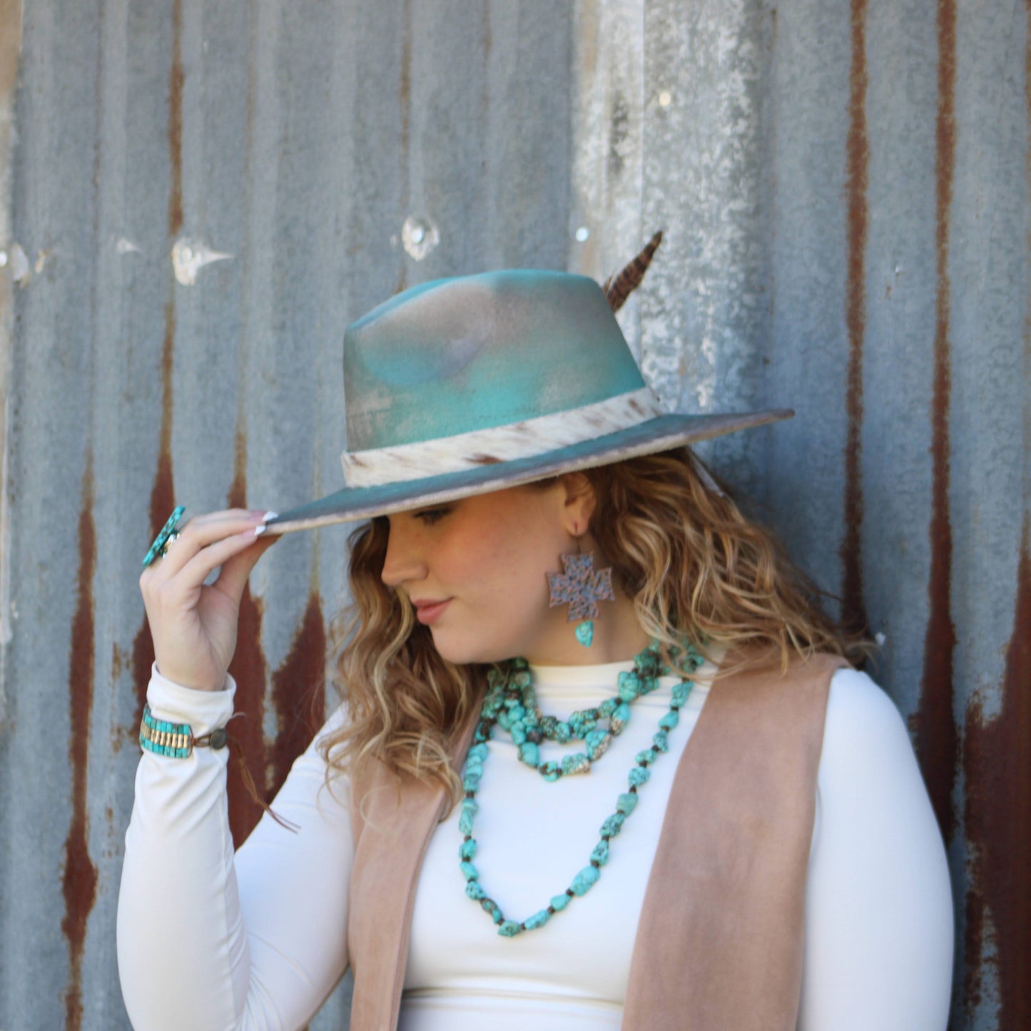 **Copper Cross Earrings w/ Blue Turquoise Chunks 220o