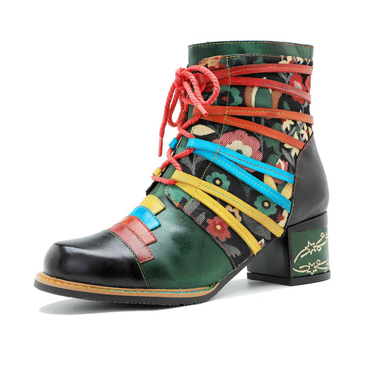Vintage Handcrafted Colorful Strap Patchwork Ankle Boots