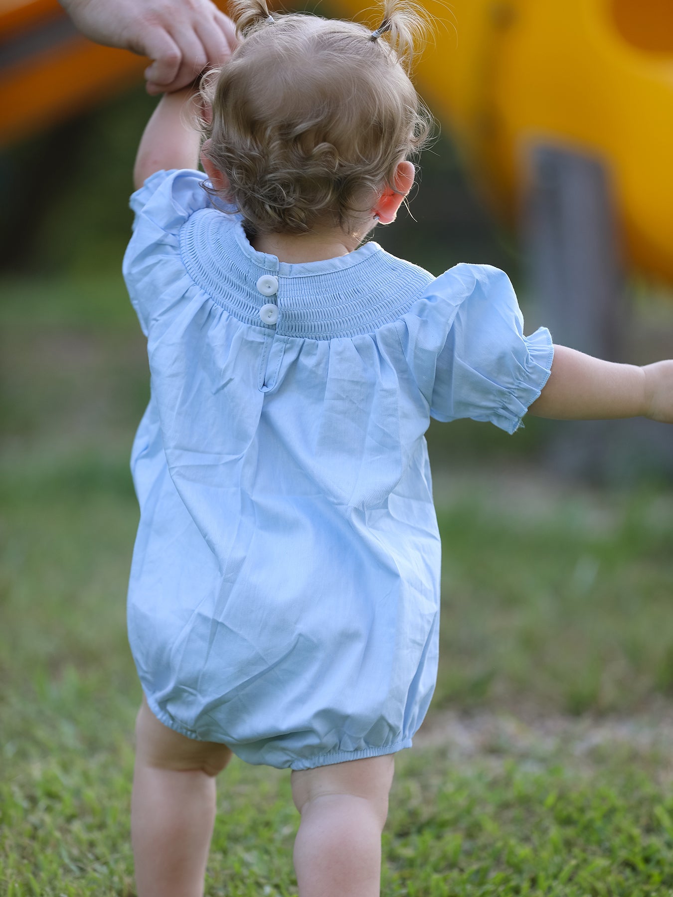 Girls Cross Smocking Embroidered Blue Romper