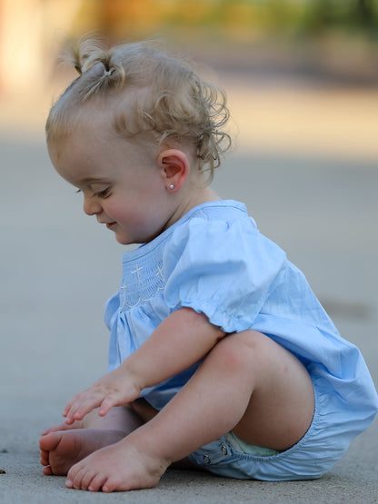 Girls Cross Smocking Embroidered Blue Romper