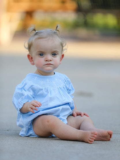 Girls Cross Smocking Embroidered Blue Romper