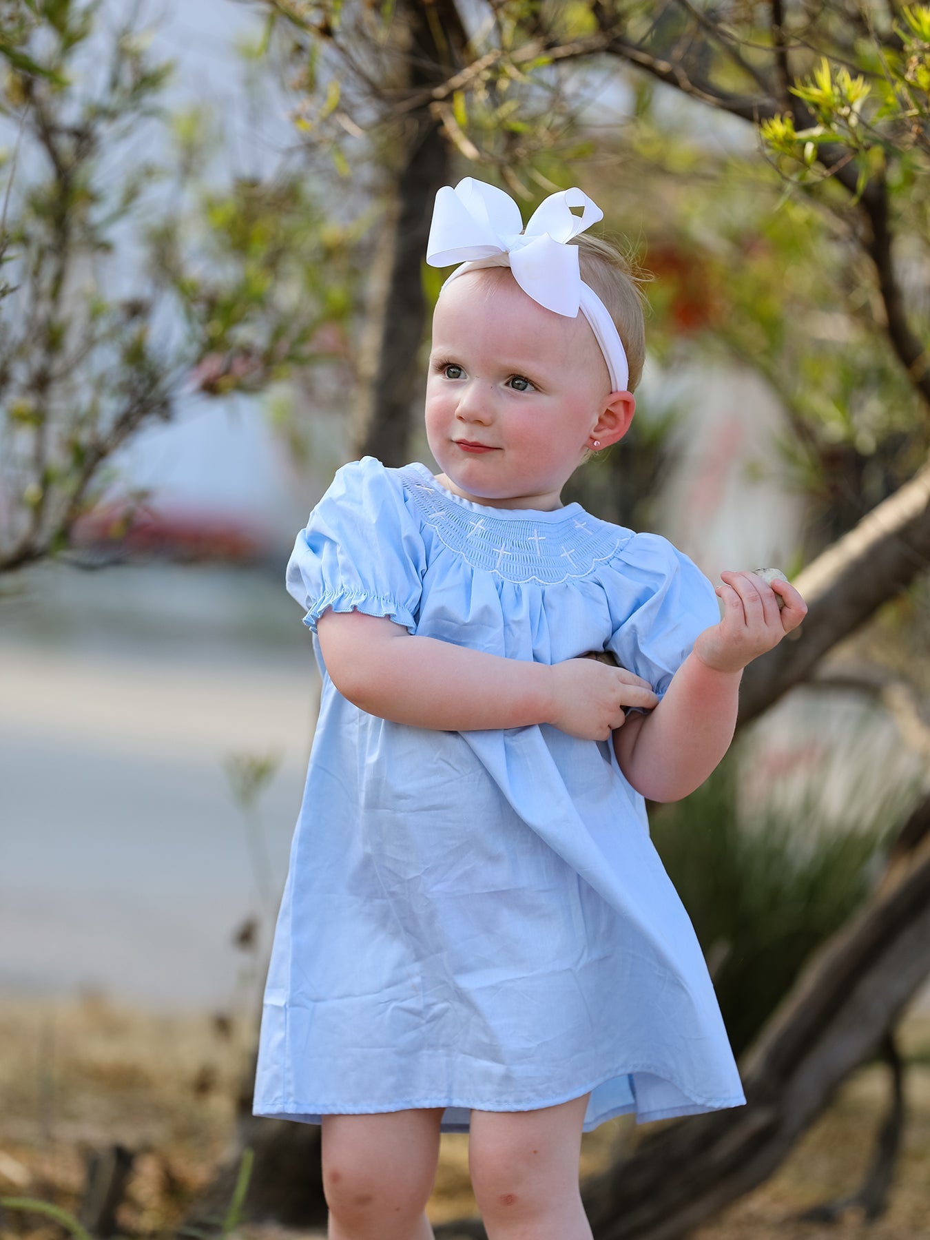 Girls Cross Smocking Embroidered Blue Dress