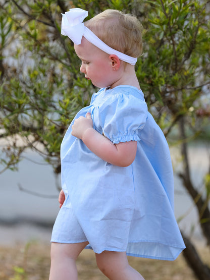 Girls Cross Smocking Embroidered Blue Dress