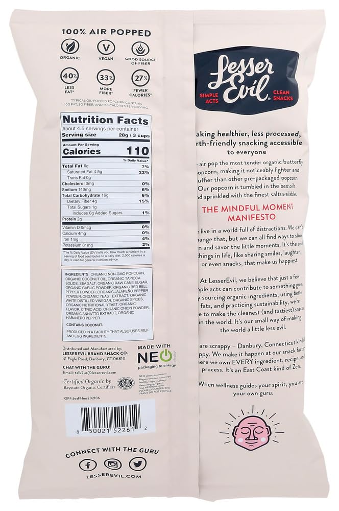 Lesser Evil Fiery Hot Popcorn - Pack of 12 -  4.6 Oz