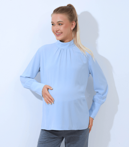 Sky Blue Long Sleeve Mock Neck Maternity Blouse