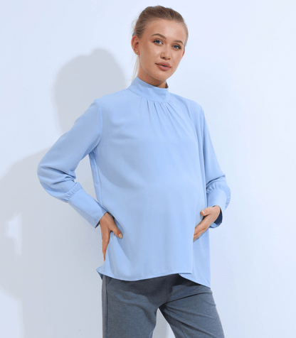 Sky Blue Long Sleeve Mock Neck Maternity Blouse