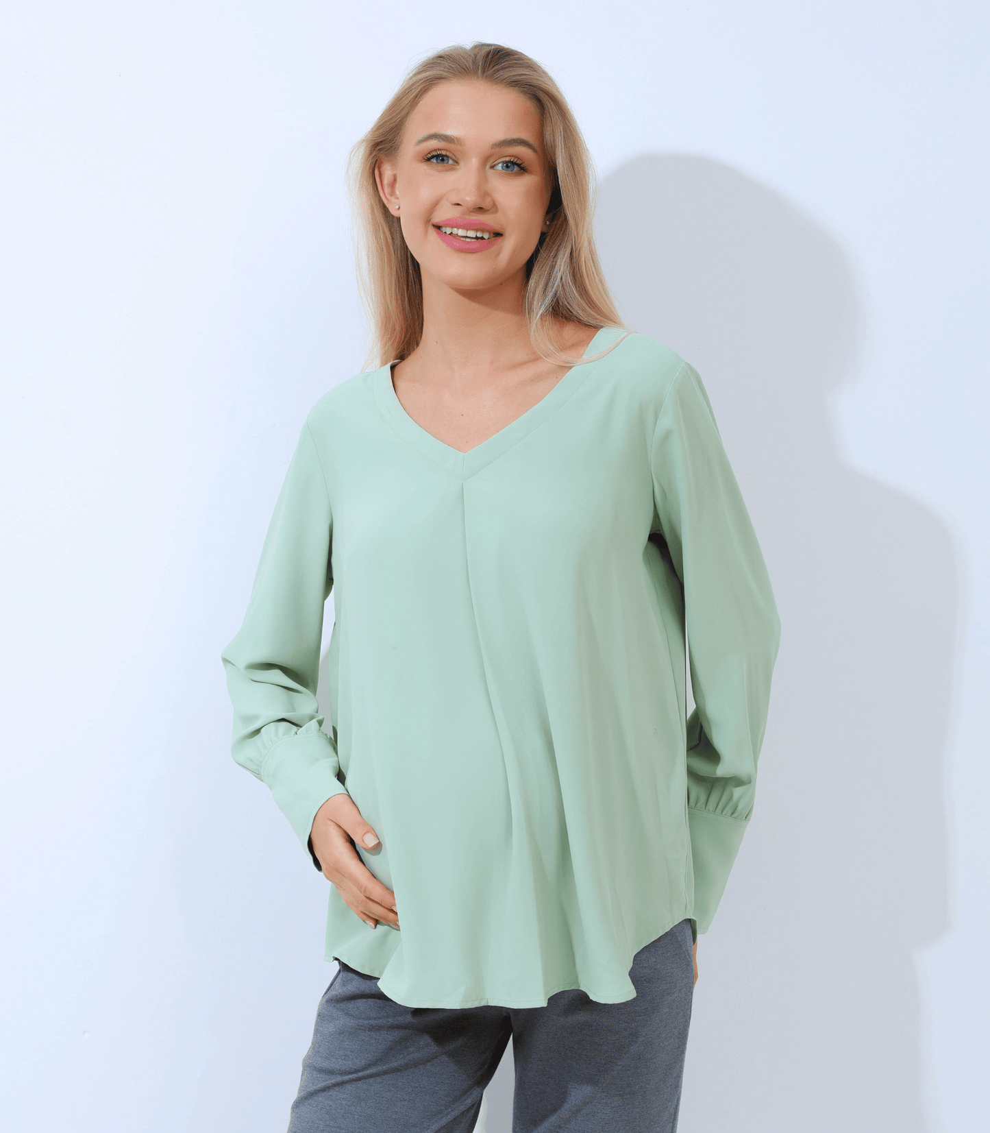 Olive Long Sleeve V-Neck Pleat Maternity Blouse