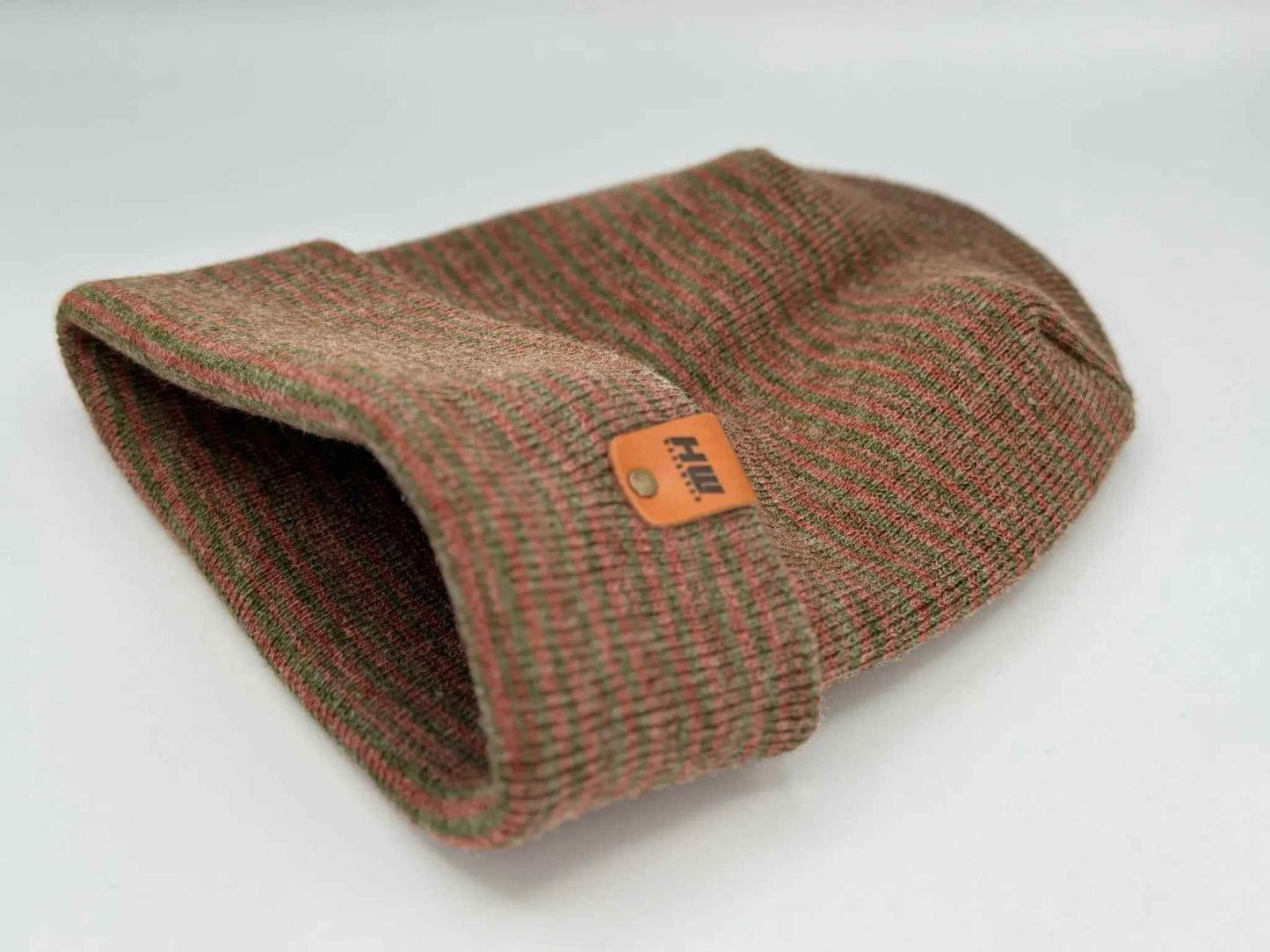 Patented H Stitch Contrast Cuffed Beanie, Burgundy and Green