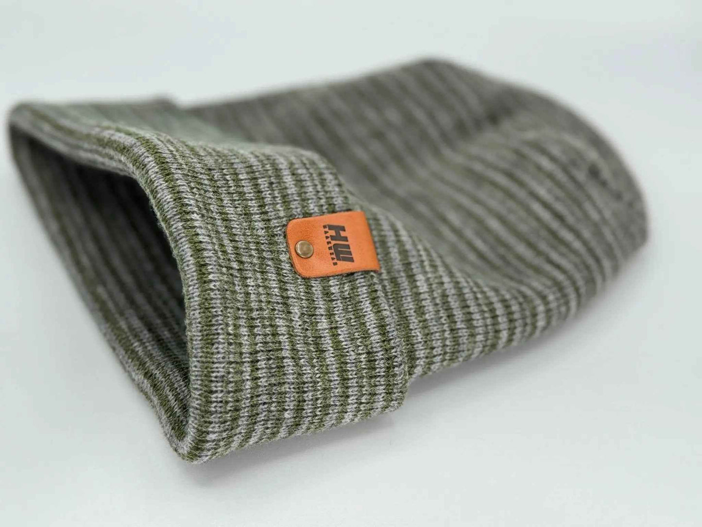 Patented H Stitch Contrast Cuffed Beanie, Gray and Green