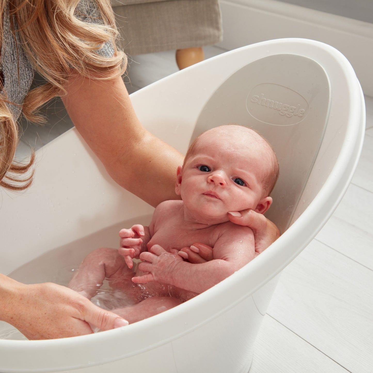 Baby Bathtime Essentials Bundle | Newborn Baby Bath with Support, Rinse Jug, and Ellie Bath Toy Scoop - Taupe