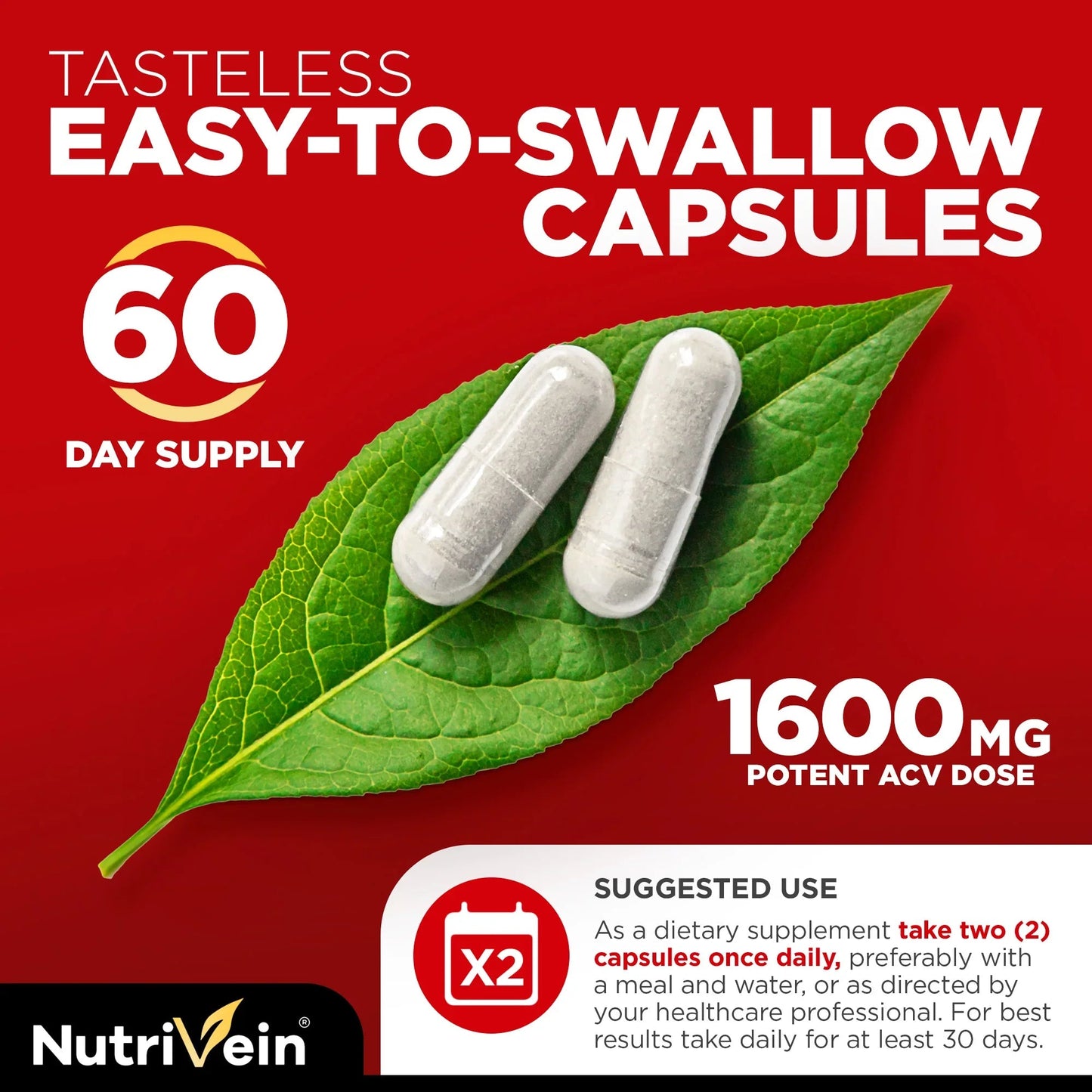 Nutrivein Premium Apple Cider Vinegar Supplements with Mother - 1600 mg - 120 Capsules