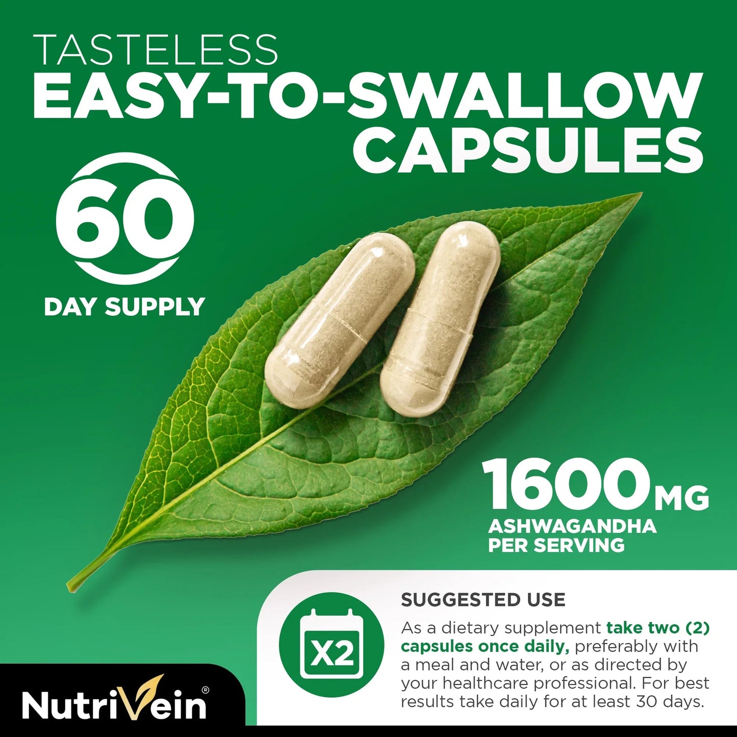 Nutrivein Premium Ashwagandha Supplement 1600mg - 120 Capsules